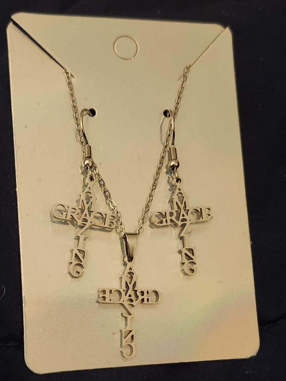Amazing Grace Cross Pendant Necklace and Earrings Set - Gold